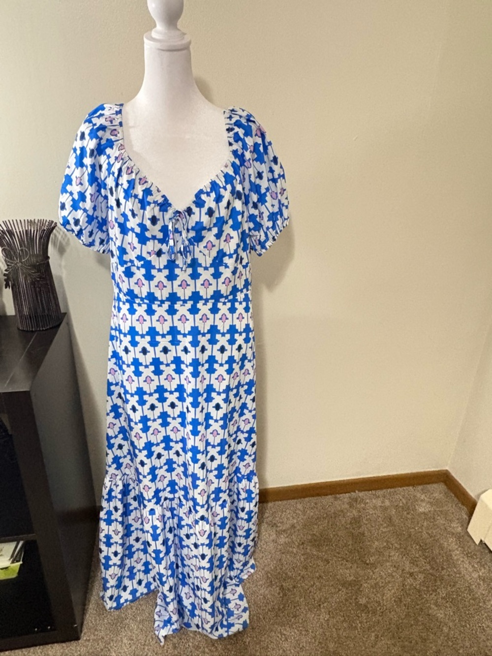 SHEIN Blue and White Puff Sleeve Maxi Sundress
